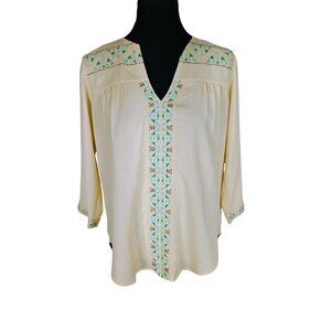 MM Couture Miss Me Top Beige‎ Embroidered 3/4 Sleeve Shirt Top Large
